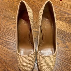 Tory Burch leather and wicker heels